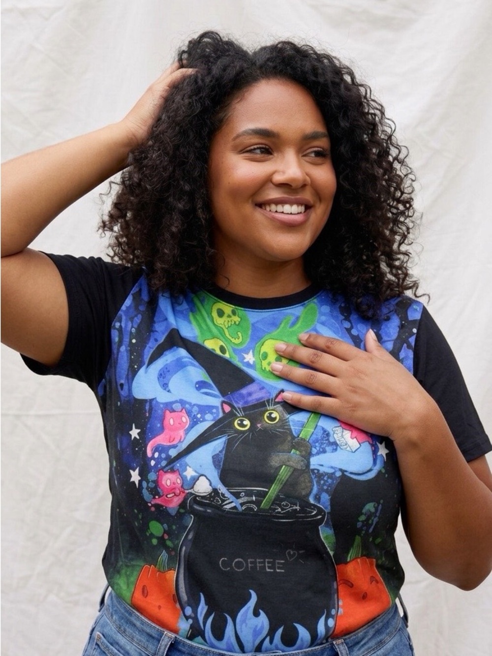 Lora Zombie Halloween Witch Black Cat Cauldron Coffee T-Shirt - Size Medium